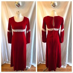Vintage 70’s Red Velvet Lace Trim Maxi Dress Gown